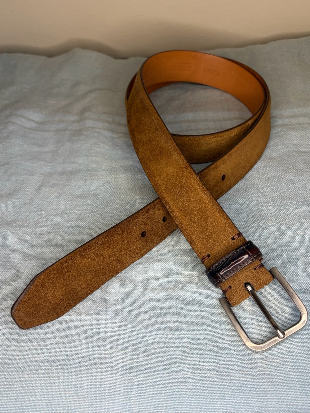 Martin Dingman Italian Calf Suede Belt Size 40 Tobacco Tan Brown Brass Buckle